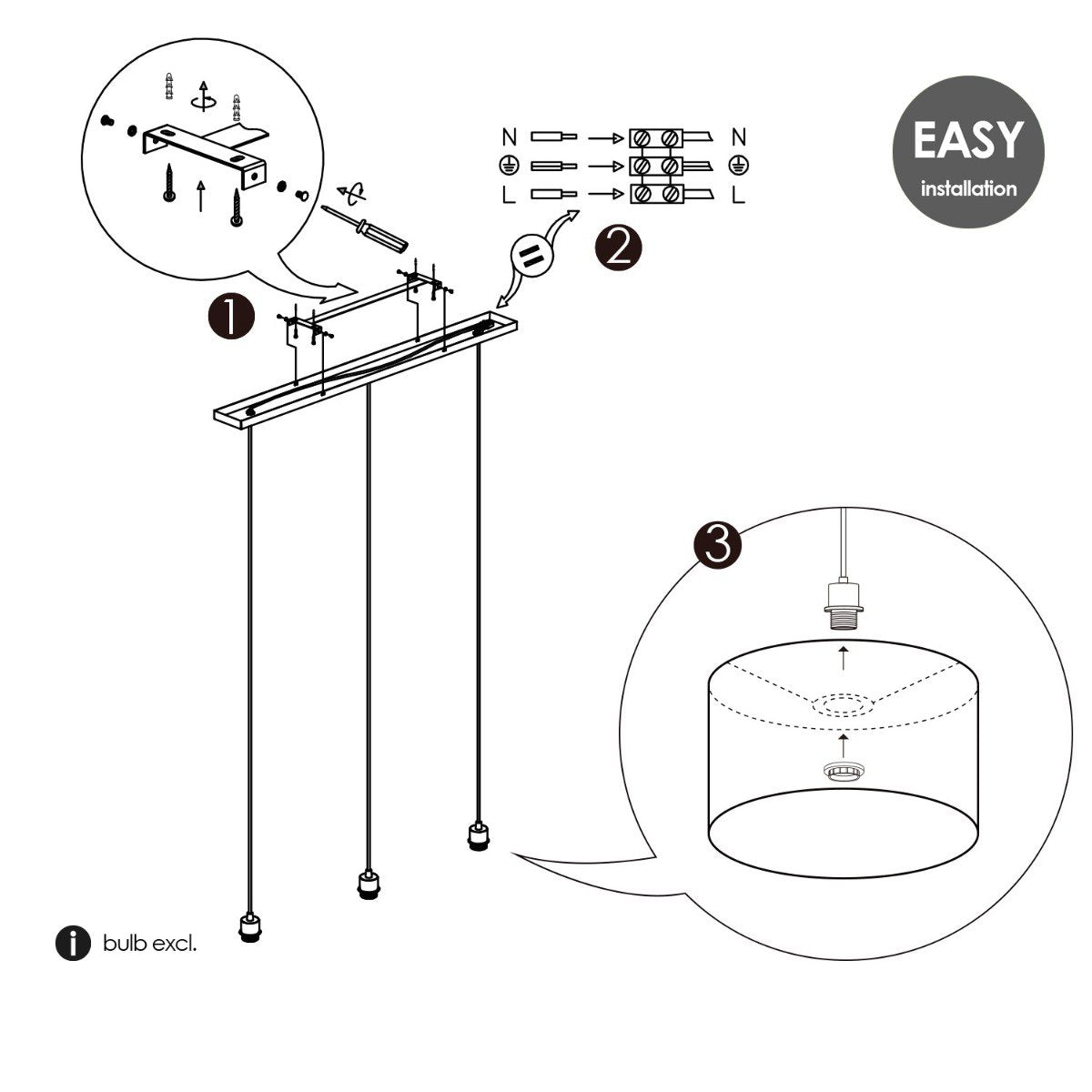 Hanglamp Beam 3 lampen - E27 - zwart lampenkap