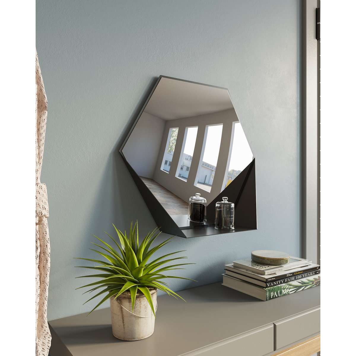 Wandspiegel Hive met Plank - Industrieel Zwart