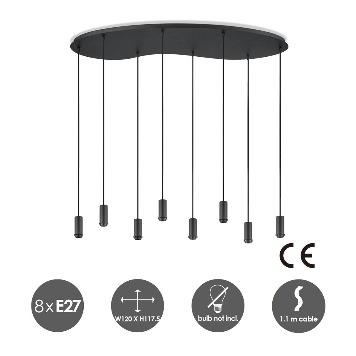 Zwarte ovale metalen Hanglamp voor 8 lampen