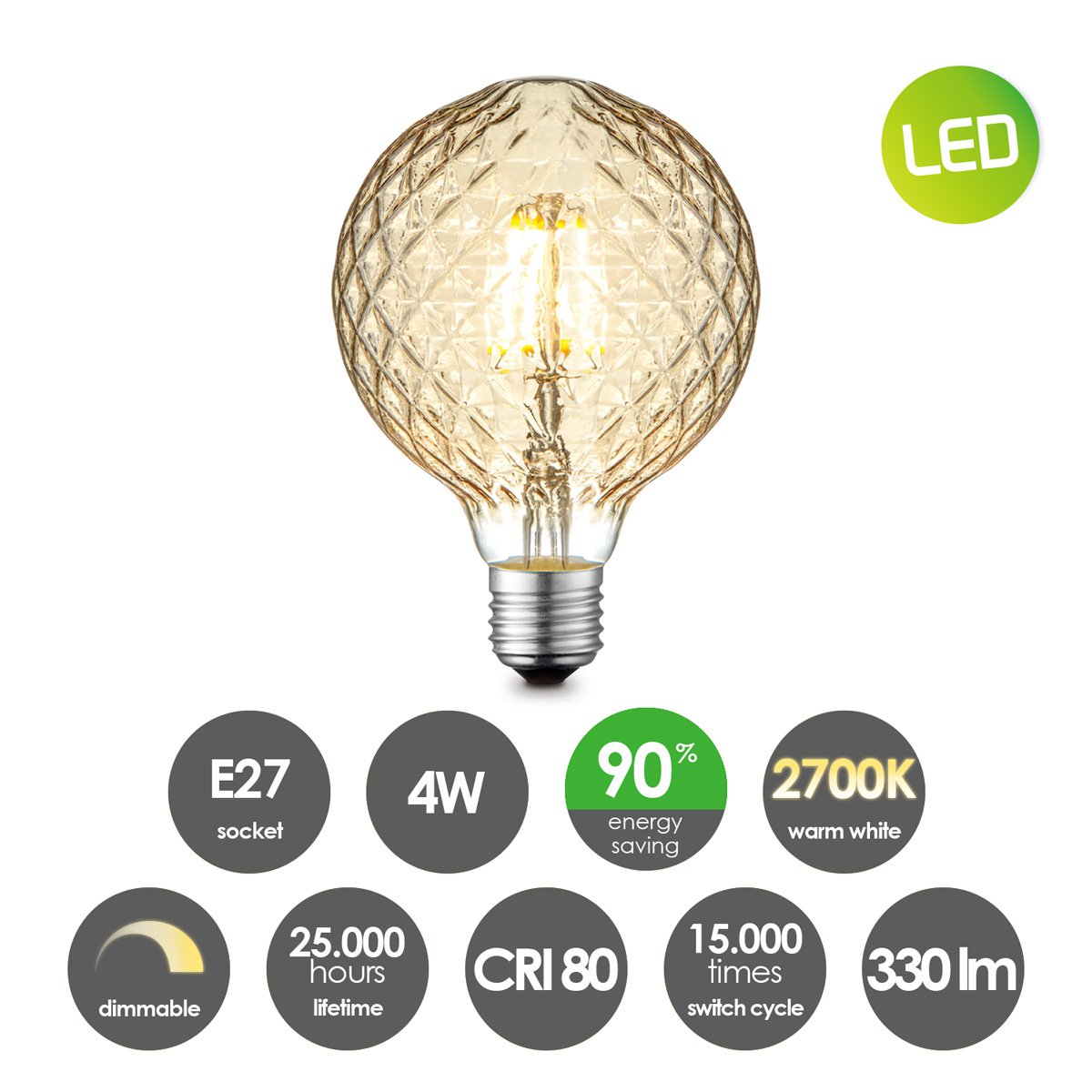 Dimbare LED Globe Deco lamp E27 G95 4W 400Lm 2700K Goud