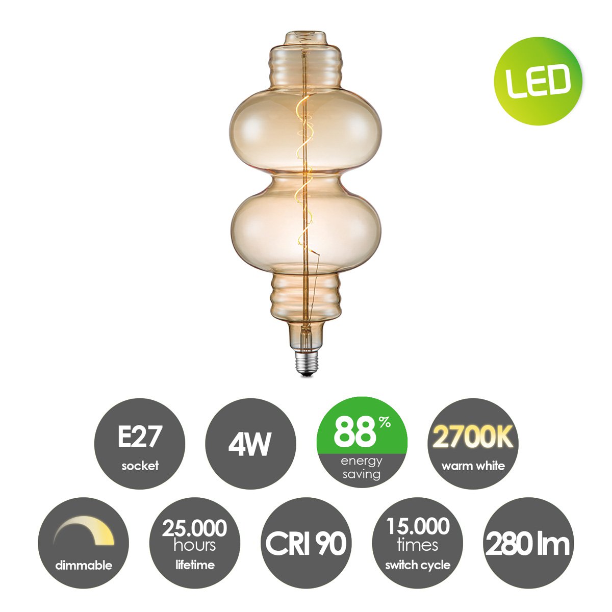 Dimbare Spiraal E27 4W 280lm 2700k Amber