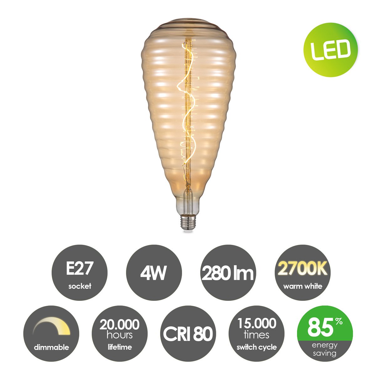 Dimbare Korf Spiraal lamp E27 4W 280lm 2700k Amber
