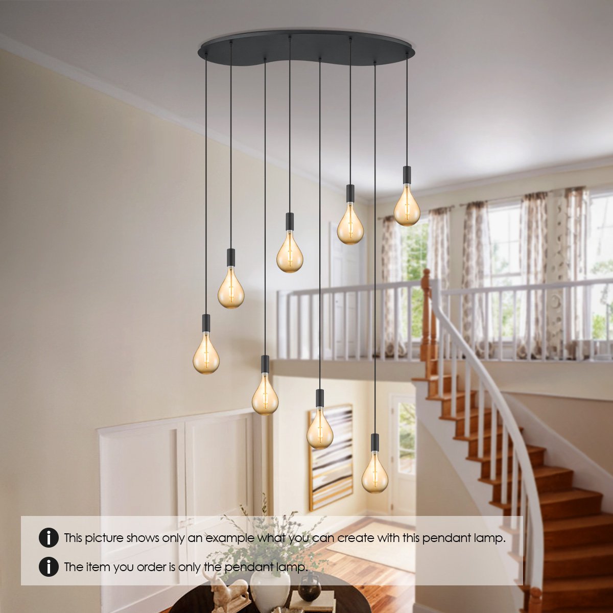 Zwarte ovale metalen Hanglamp voor 8 lampen