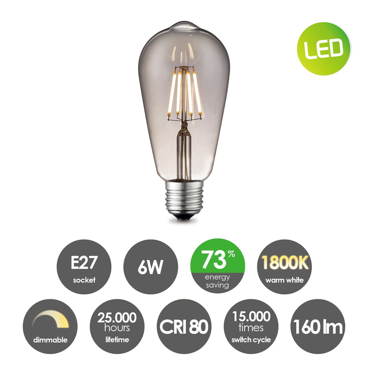 Dimbare Led Druppel E27 ST64 6W 160Lm 1800K Helder