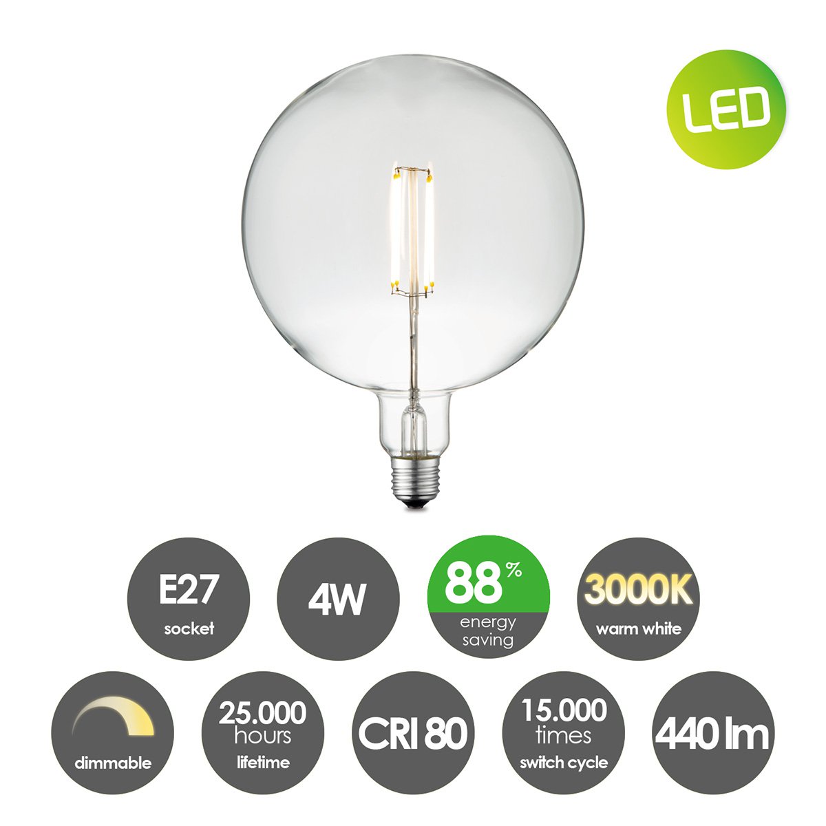 Dimbare LED Globe light lamp E27 4W 440Lm 3000K Carbon