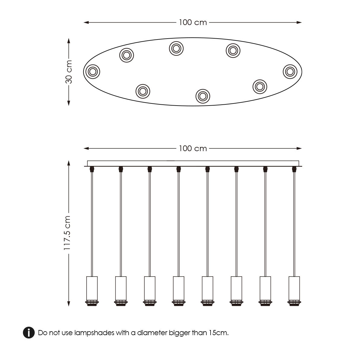 Zwarte ovale R metalen Hanglamp voor 8 lampen