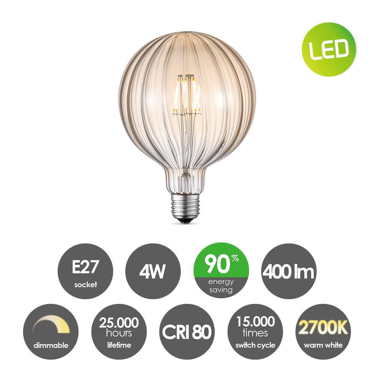 Dimbare LED Globe Amber G125 lamp 4W 400lm 2700K
